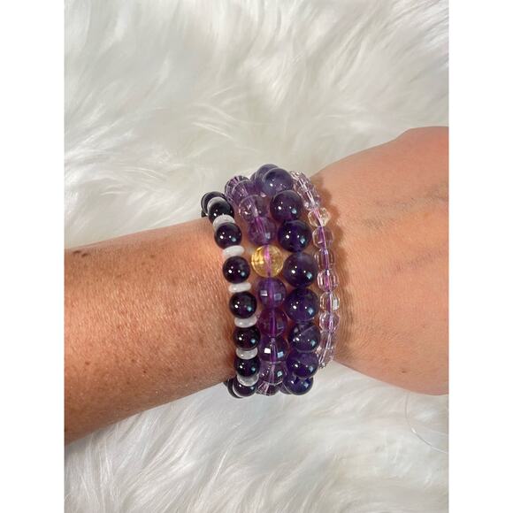 Crystal 4 Bracelet Stack | Uruguay Amethyst, Faceted Citrine, Clear Quartz - Picture 3 of 3